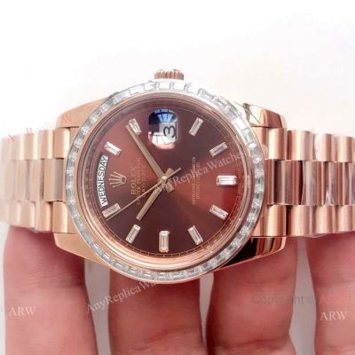 New Upgraded Swiss 2836 Rolex Day-Date II Watch Rose Gold Brown Dial